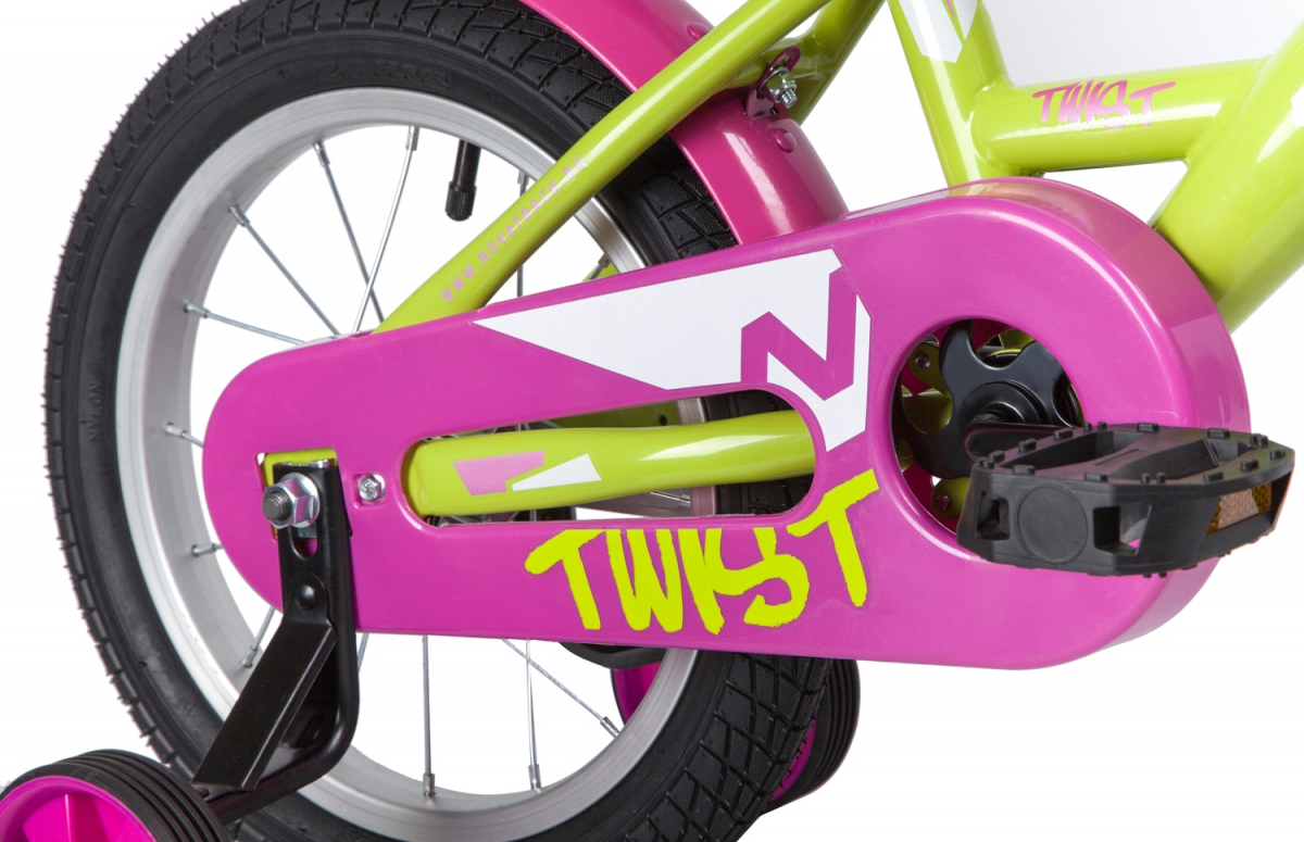 Детский велосипед Novatrack Twist 14 Зеленый-розовый (2020) с корзиной
