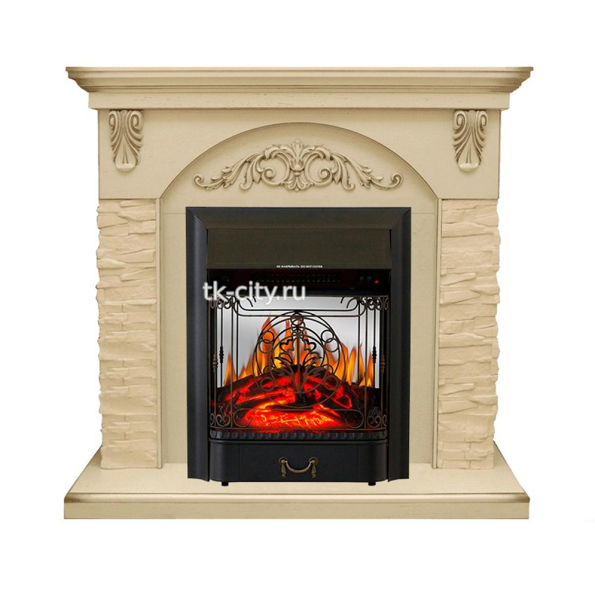 Каминокомплект Royal Flame Bern Сланец крупный бежевый / Алебастр темная патина с очагом Majestic FX M Black