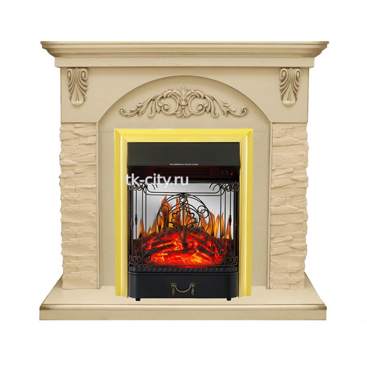 Каминокомплект Royal Flame Bern Сланец крупный бежевый / Алебастр темная патина с очагом Majestic FX M Brass