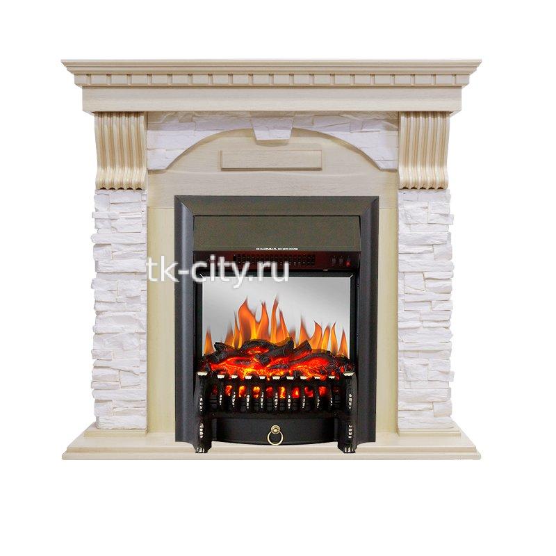 Каминокомплект Royal Flame Dublin - Слоновая кость с патиной / Сланец крем с очагом Fobos FX M Black