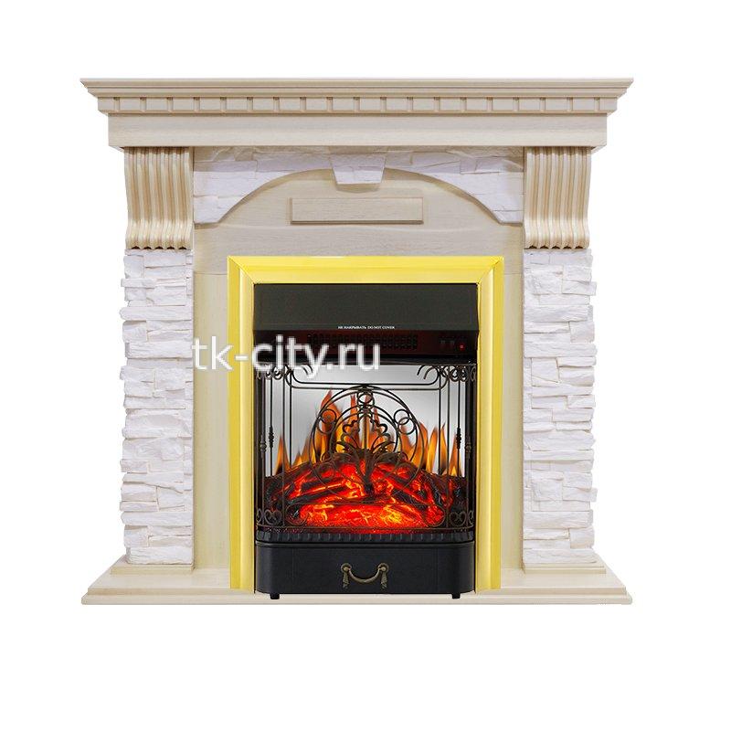 Каминокомплект Royal Flame Dublin - Слоновая кость с патиной / Сланец крем с очагом Majestic FX M Brass