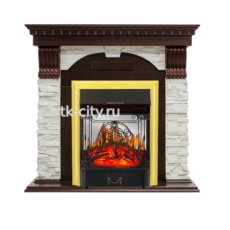 Каминокомплект Royal Flame Dublin - Темный дуб / Сланец белый с очагом Majestic FX M Brass
