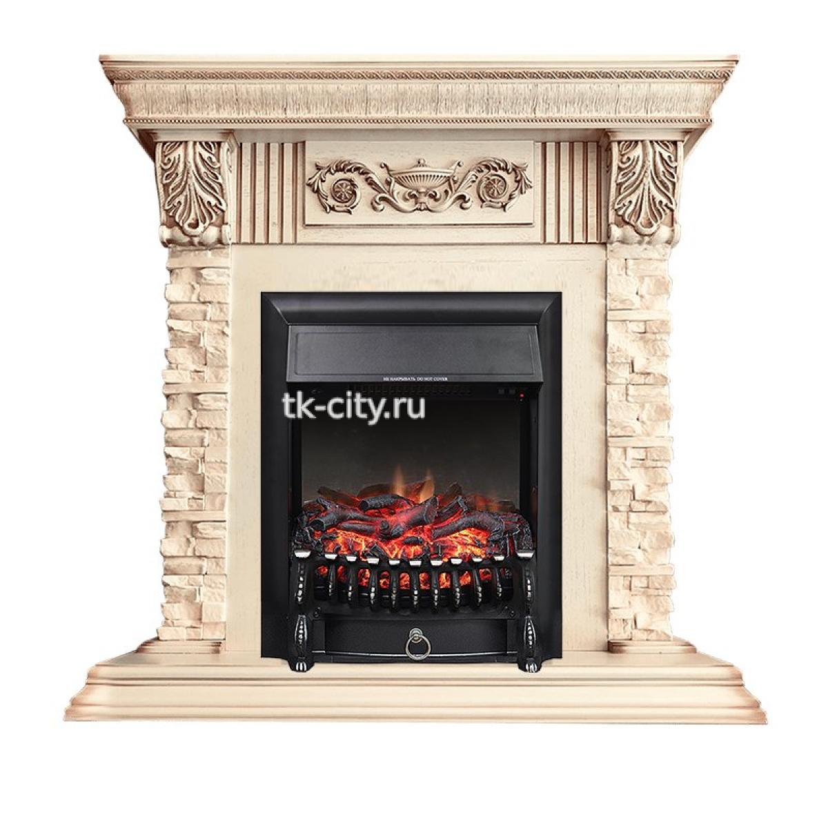 Каминокомплект Royal Flame Luxemburg (каменный) - Сланец/Cлоновая кость с патиной с очагом Fobos FX Black
