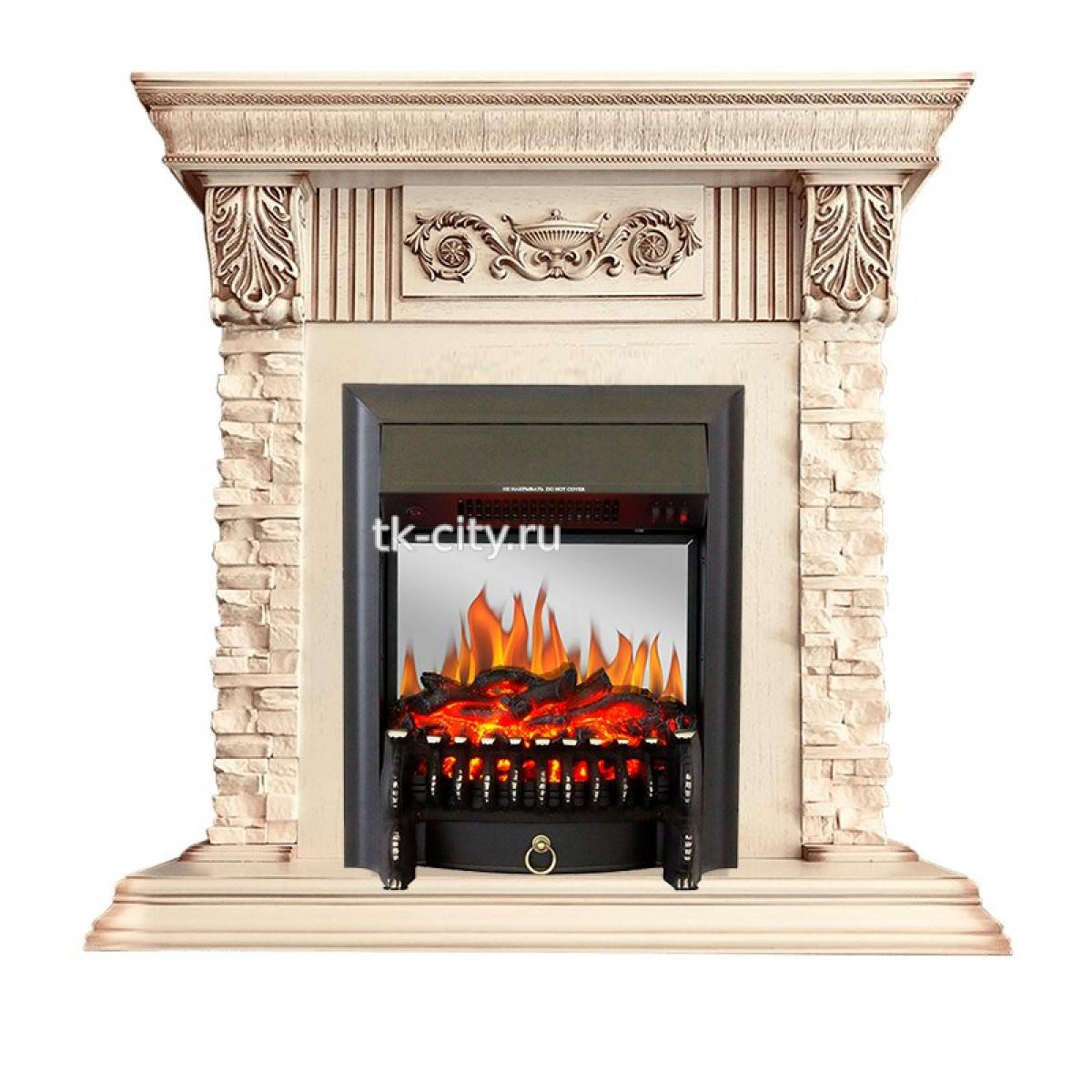 Каминокомплект Royal Flame Luxemburg (каменный) - Сланец/Cлоновая кость с патиной с очагом Fobos FX M Black