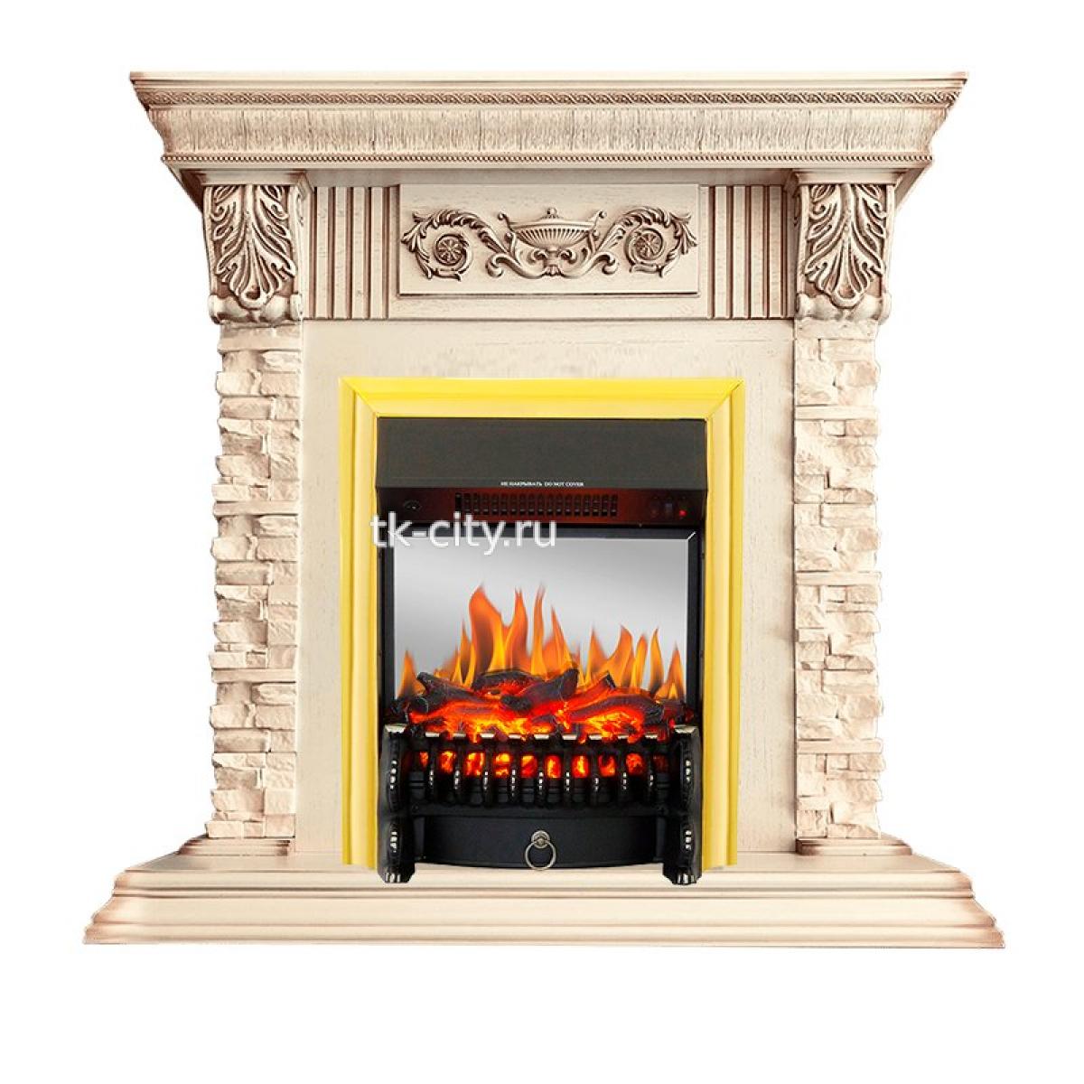 Каминокомплект Royal Flame Luxemburg (каменный) - Сланец/Cлоновая кость с патиной с очагом Fobos FX M Brass