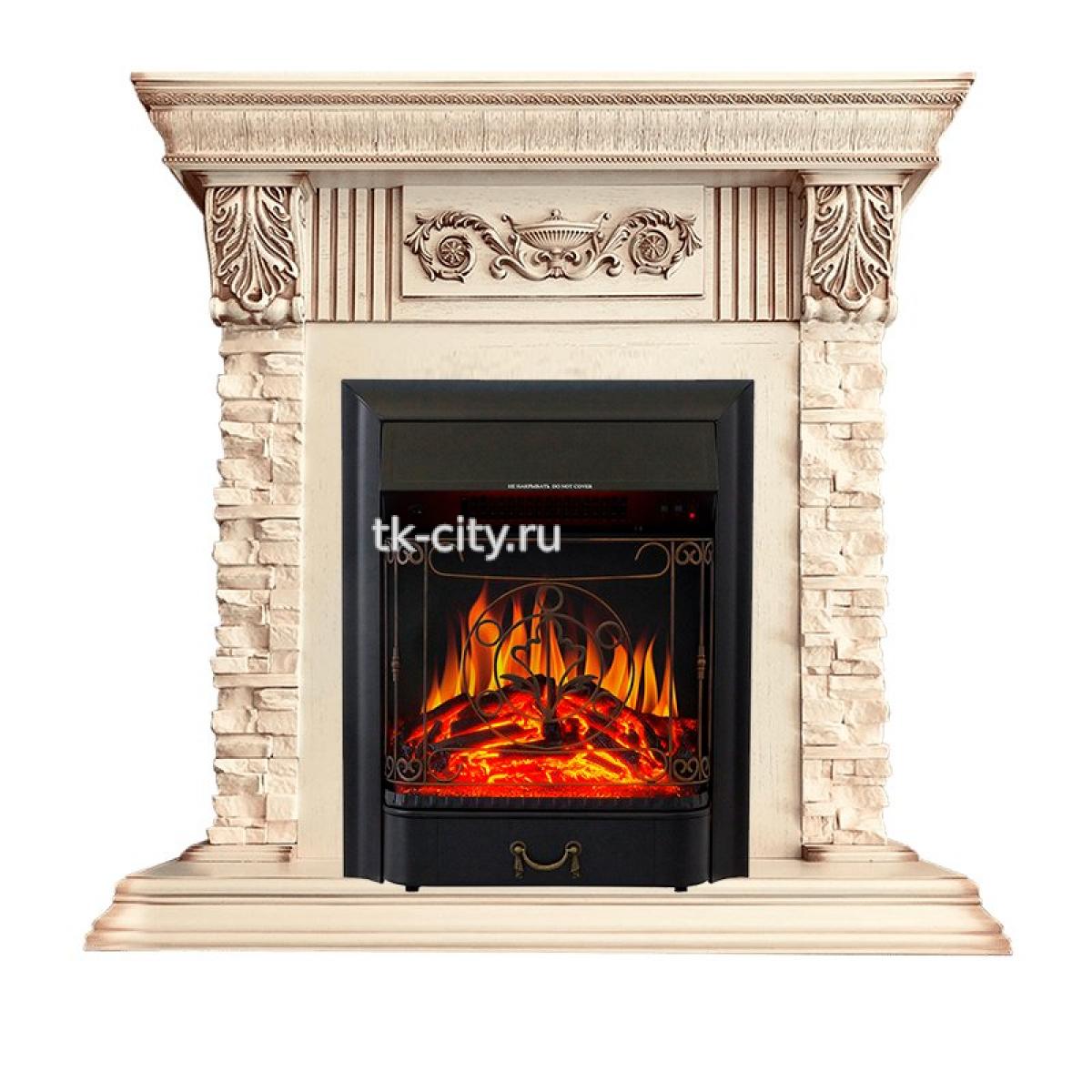 Каминокомплект Royal Flame Luxemburg (каменный) - Сланец/Cлоновая кость с патиной с очагом Majestic FX Black