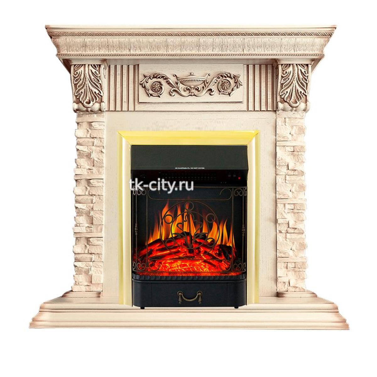 Каминокомплект Royal Flame Luxemburg (каменный) - Сланец/Cлоновая кость с патиной с очагом Majestic FX Brass