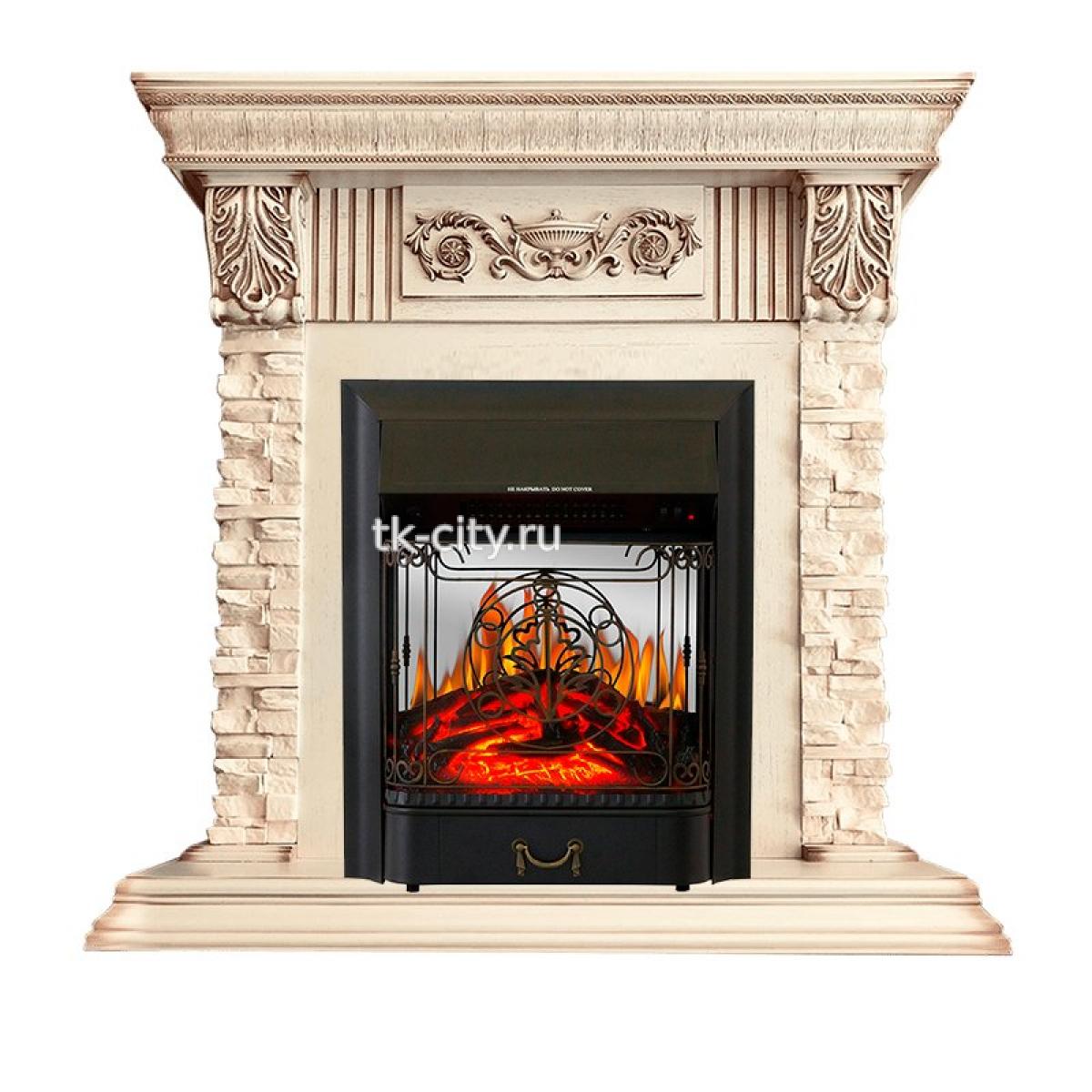 Каминокомплект Royal Flame Luxemburg (каменный) - Сланец/Cлоновая кость с патиной с очагом Majestic FX M Black