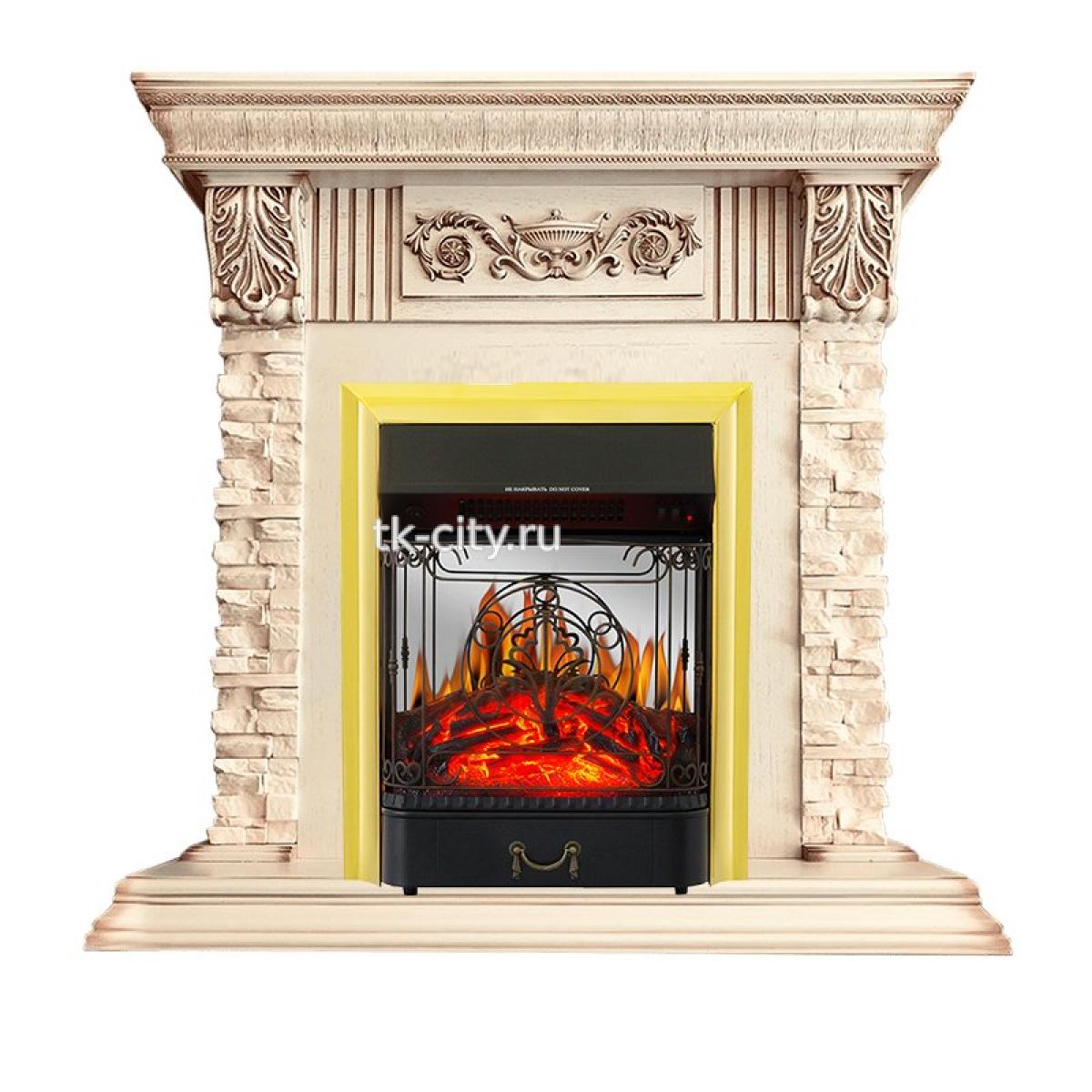 Каминокомплект Royal Flame Luxemburg (каменный) - Сланец/Cлоновая кость с патиной с очагом Majestic FX M Brass