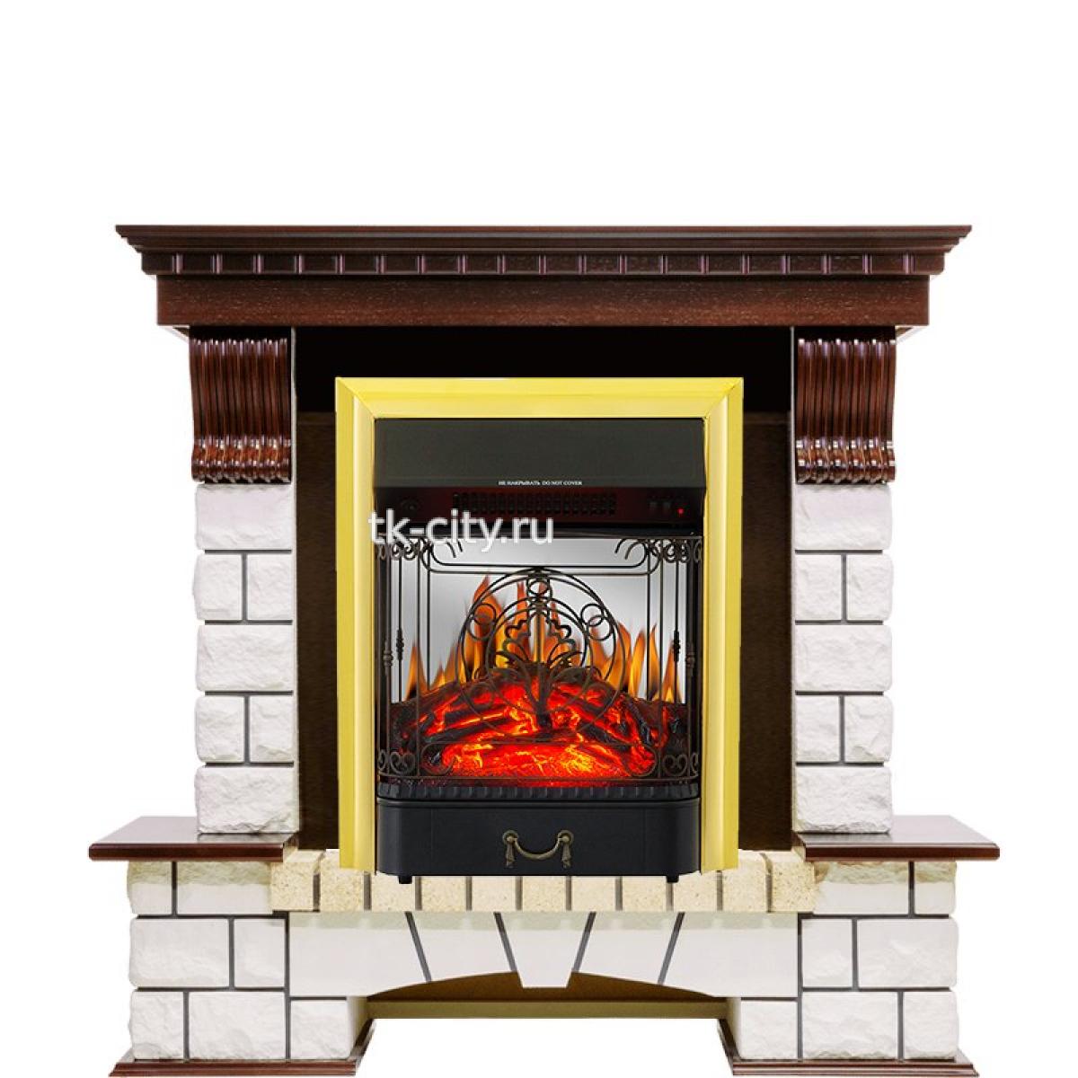 Каминокомплект Royal Flame Pierre Luxe - Темный дуб / Белый с очагом Majestic FX M Brass