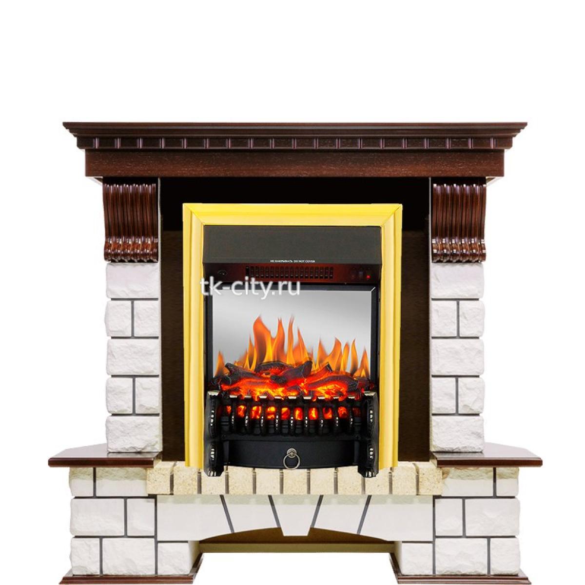 Каминокомплект Royal Flame Pierre Luxe угловой - Темный дуб / Белый с очагом Fobos FX M Brass