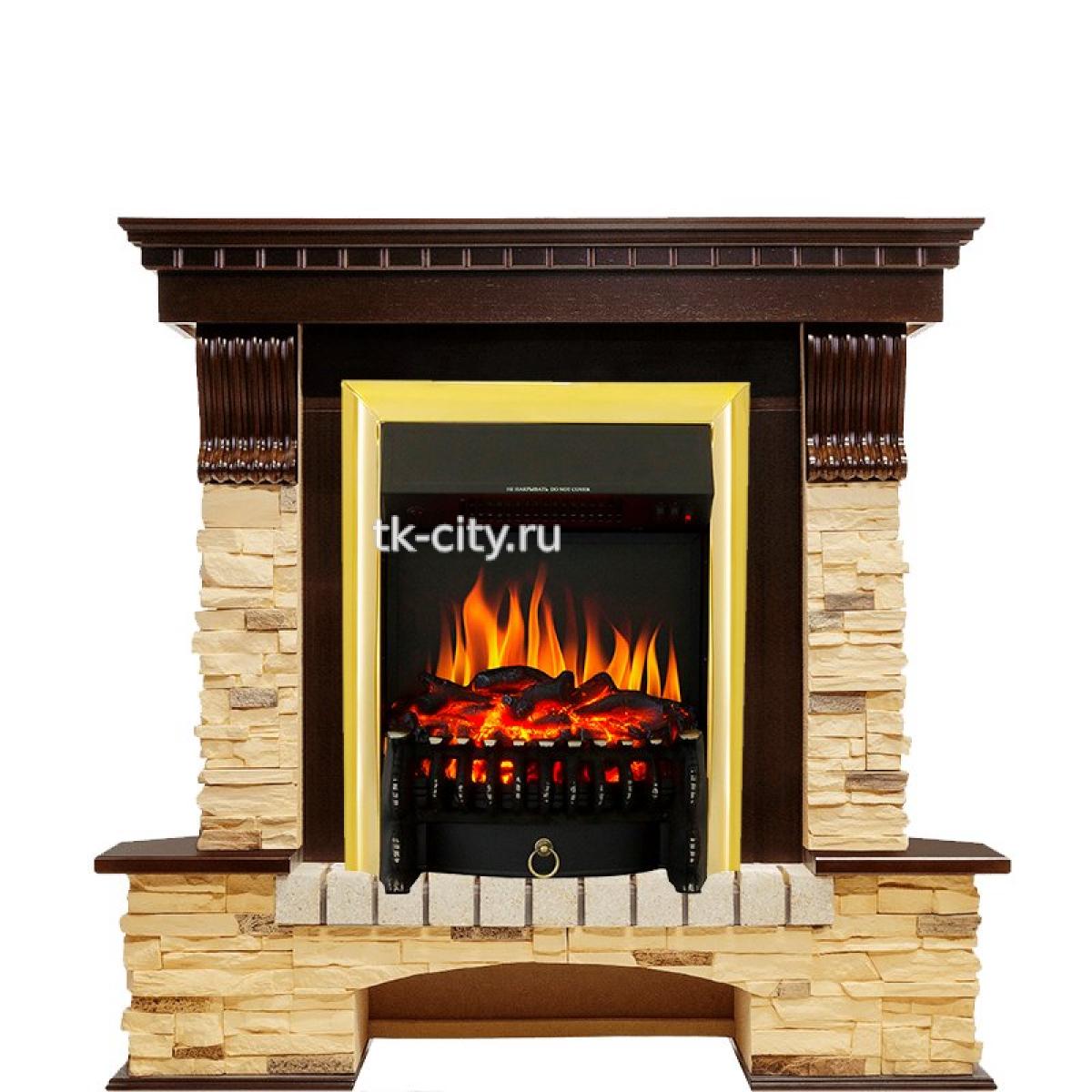 Каминокомплект Royal Flame Pierre Luxe угловой - Темный дуб / Сланец с очагом Fobos FX Brass