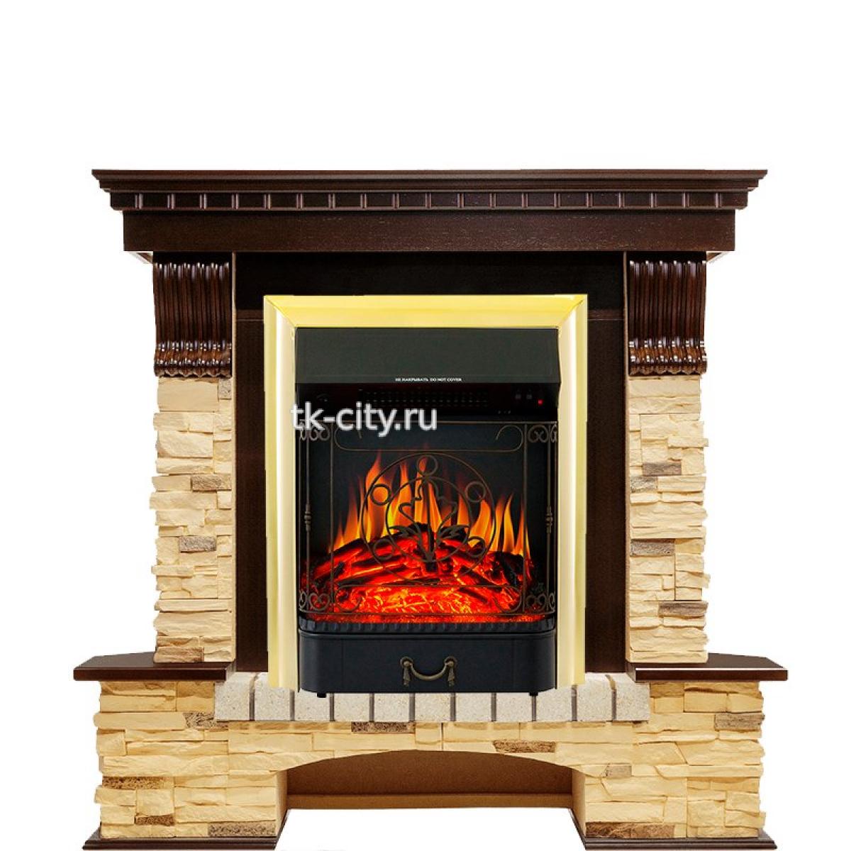 Каминокомплект Royal Flame Pierre Luxe угловой - Темный дуб / Сланец с очагом Majestic FX Brass