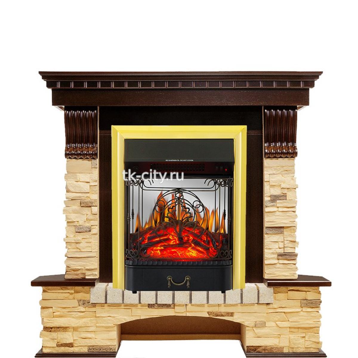 Каминокомплект Royal Flame Pierre Luxe угловой - Темный дуб / Сланец с очагом Majestic FX M Brass