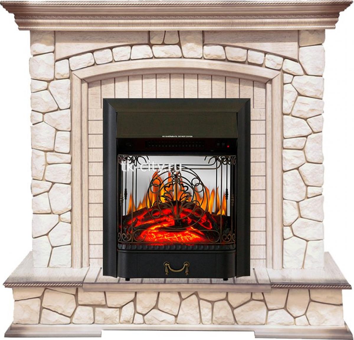 Каминокомплект Royal Flame Preston - Белый/Слоновая кость с патиной с очагом Majestic FX M Black